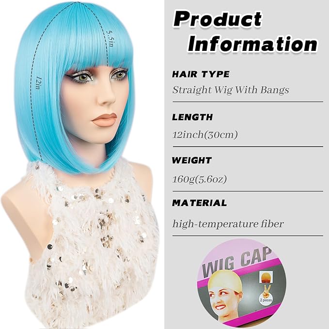 MAYSA Blue Wigs with Bangs Short Straight Bob Bangs Wig 12in Synthetic Cosplay Halloween Costume Wig for Women # Teal Blue