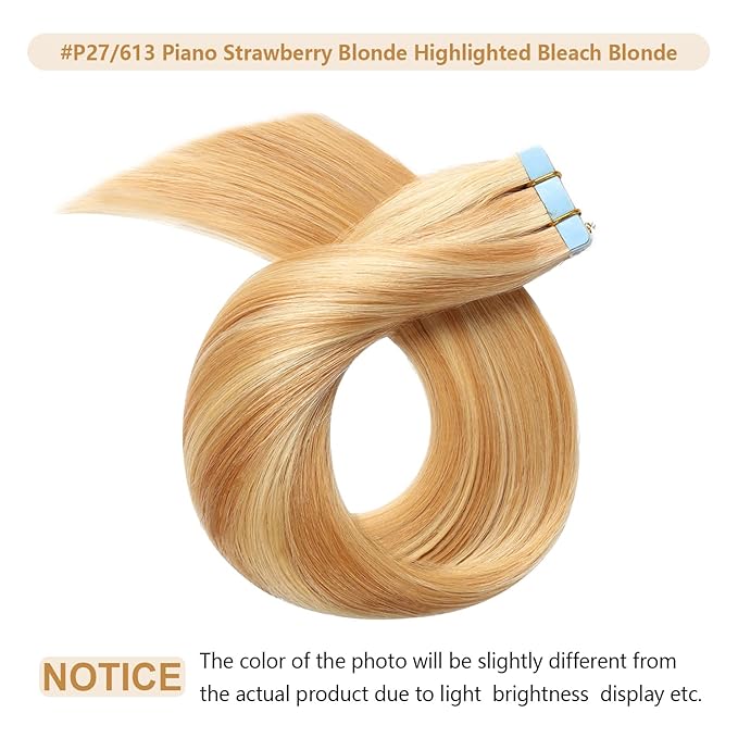 YILITE Tape in Hair Extensions Human Hair 22 inch P27/613 Seamless Straight 50g 20Pcs Strawberry Blonde #27 Highlighted Bleach Blonde #613 Piano Color(22Inch P27/613)