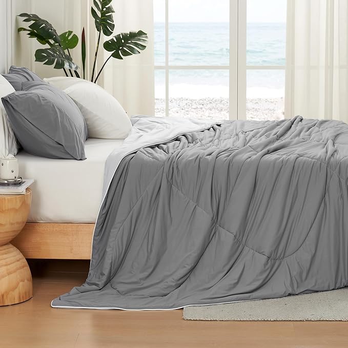 Cozy Bliss Cooling Comforter Twin Size, Cooling Blankets for Hot Sleepers and Night Sweats, Dark Light Gray Summer Comforter for Twin Size Bed, Breathable Soft Lightweight Silk Smooth