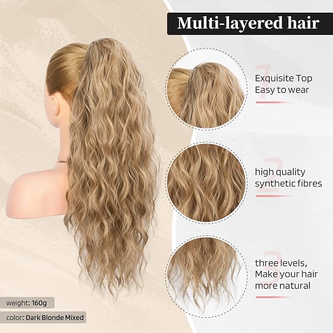 Flufymooz Ponytail Extension, 22 Inch Drawstring Ponytail Hair Extensions for Women， Long Curly Wavy Pony Tail Natural Wavy Synthetic Hairpiece for Women Daily Use party (22 Inch Dark Blonde Mixed)