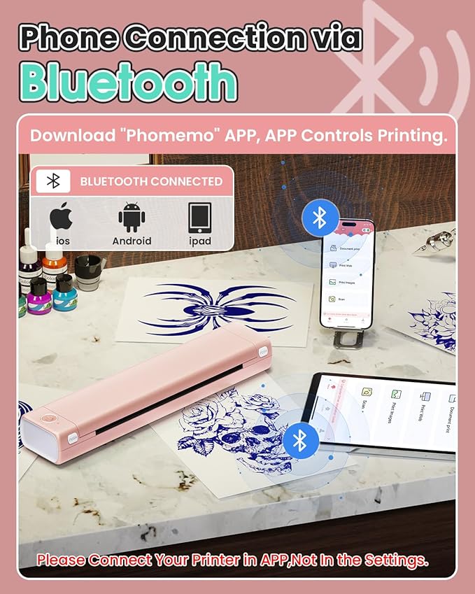 Phomemo Tattoo Stencil Printer, M08F Wireless Thermal Tattoo Printer with 10pcs Transfer Paper, Compatible with Phone/Tablet/PC, Tattoo Supplies for Tattoo Artists & Beginners, Pink﻿