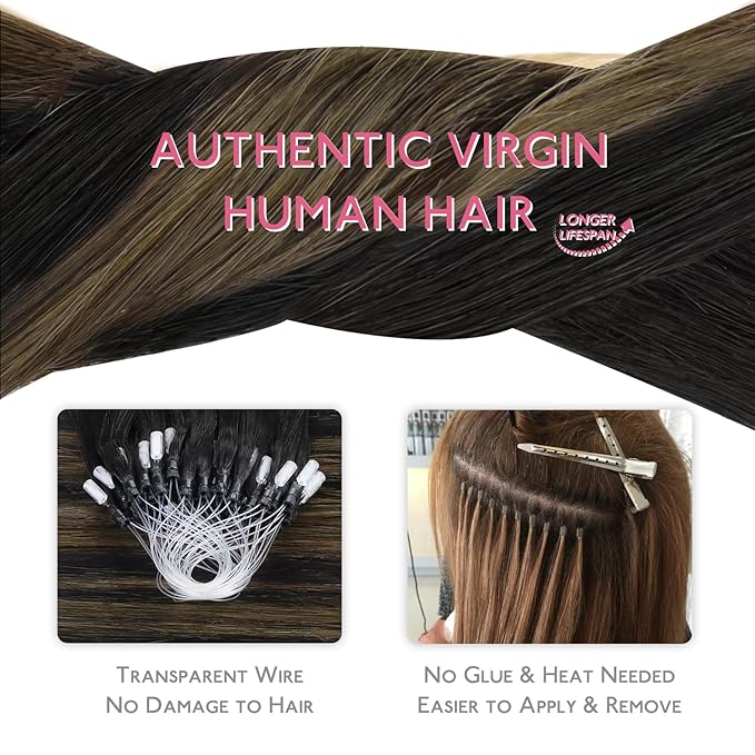 WENNALIFE Microlink Hair Extensions Human Hair, 50g 50s 22 Inch Balayage Natural Black to Chestnut Brown Remy Micro Bead Hair Extensions Real Human Hair Loop Ring Hair Straight Microlinks