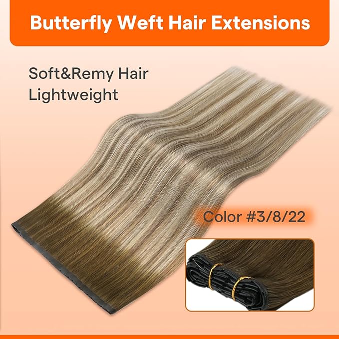 Full Shine Butterfly Weft Hair Extensions Human Hair Color Dark Brown To Light Brown Mix Blonde Ovo Weft Extensions Soft Remy Hair Invisible Pu Hole Weft Real Hair 18 Inch For Wedding 100G