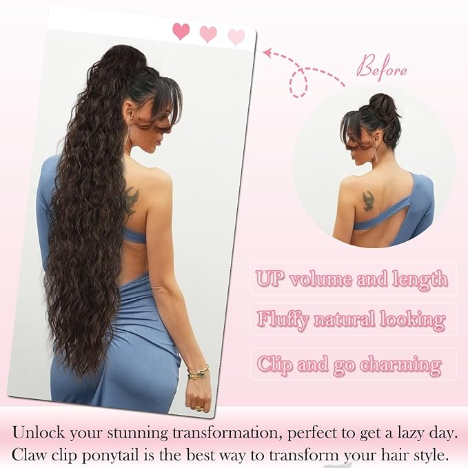 ENBEAUTIFUL 30" Claw Clip Ponytail Extension Long Wavy Ponytail Extension Synthetic Fluffy Natural Looking Pony Tails Hair Extensions Clip in Hair pieces for Women Dark Brown