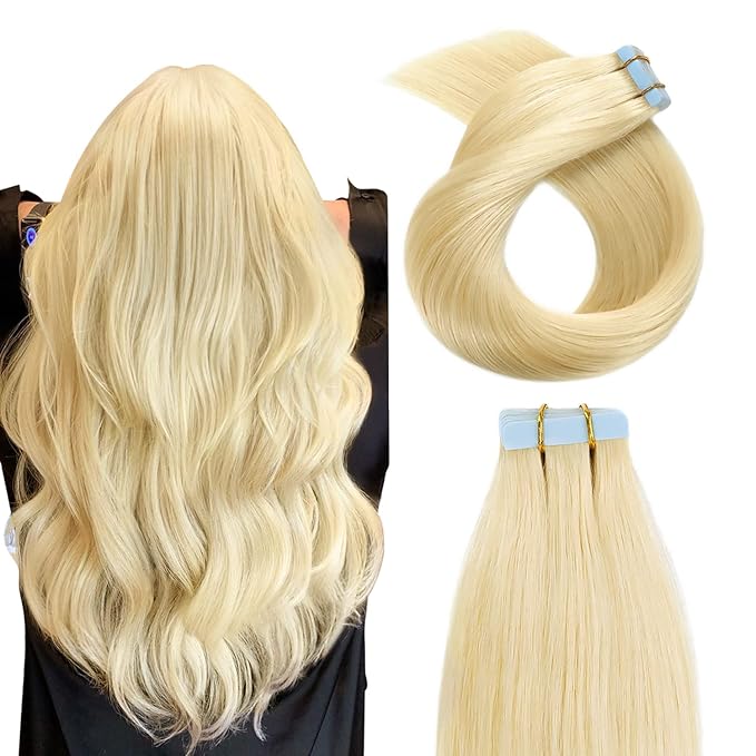 YILITE Tape in Hair Extensions Human Hair,100% Remy Human Hair 20Pcs 40g 14inch Silky Straight Bleach Blonde Hair Extensions Tape ins #613 (14inch #613 Bleach Blonde)