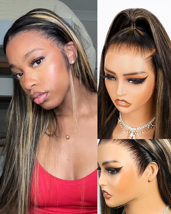 Glueless 13x6 Ombre Lace Front Wigs Human Hair Pre Plucked Pre Cut 220% Density Ear-to-Ear HD Lace Wig Highlight Drawstring Wig Human Hair fb27# 20 Inch