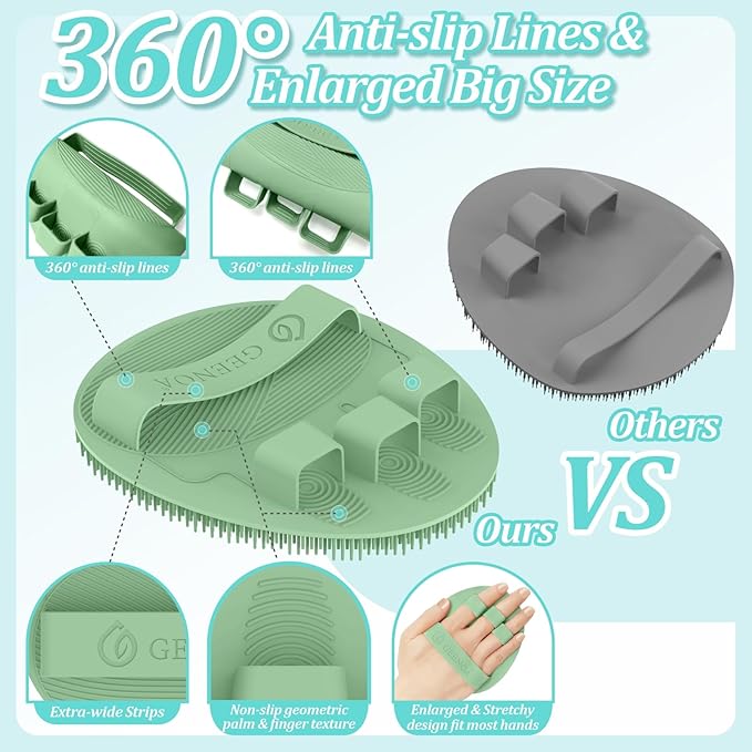 Silicone Back Scrubber & Bath Glove Set 2PCS, 13.4'' Gentle Shower Back Scrubber with Dual-Side Head Non-Slip Handle, 360° Anti-Slip Hand-fit Bath Glove for Rich Foaming Deep Cleaning(Green)