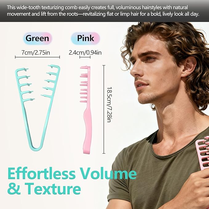 2 Pcs Texture Comb, Voluminous Wide-Toothed Hair Comb, Apparatus Maximum Lift Roots Volume Tool, Barber Wide Fine-Toothed Dual-Purpose Set, ABS Plastic with Textured Grip Tool for Men (Green+Pink)