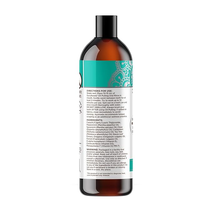 GuruNanda CocoMint Oil Pulling Mouthwash for Complete Oral Hygiene, 7 Essential Oils & Vitamins for Happy Teeth & Gums & Fresh Breath , Alcohol-Free, 8 oz