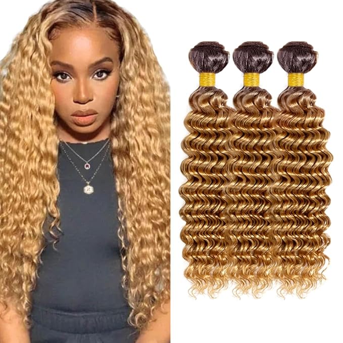 30 32 34 inch WuvuSnm Honey Brown Bundles #4 Deep Wave Human Hair Bundles 2 Tone Honey Blonde and Brown Color