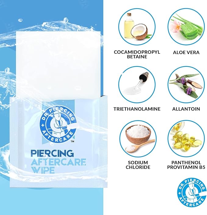 Dr. Piercing Aftercare Wipes – Piercing Aftercare | Saline Solution for Piercings - Keloid Bump Ear Piercing Cleaner – Ears Lips Belly Nose Piercing Bump - Piercing Hole Cleaner (50 Count)