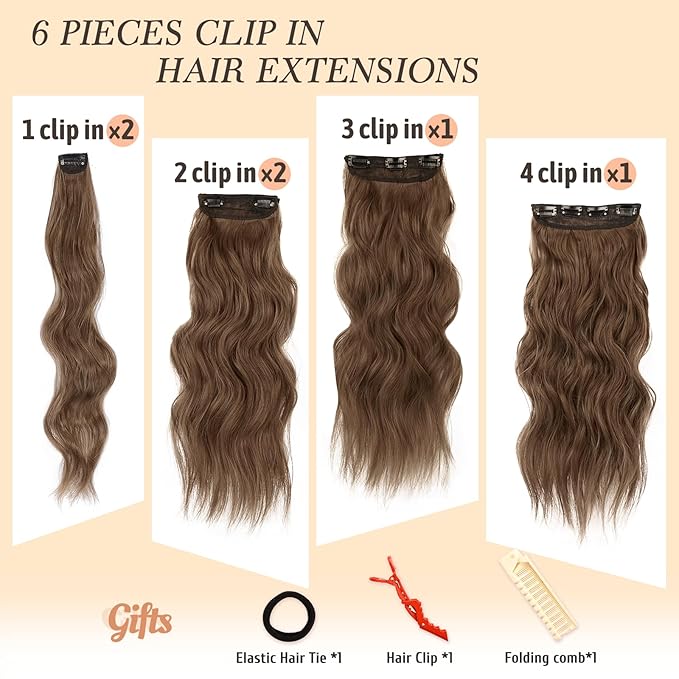 NAYOO Clip in Hair Extensions for Women 20 Inch Long Wavy Curly Chestnut Brown Hairpieces Full Head Synthetic Hair Hairpieces(6PCS,Chestnut Brown)