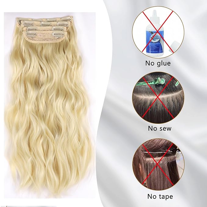 Long Wavy Clip in Hair Extensions 20inch blonde Synthetic Hair Clip in Extensions Thick Double Weft Highlights Hairpieces Full Head for Women (20INCH, 613#)