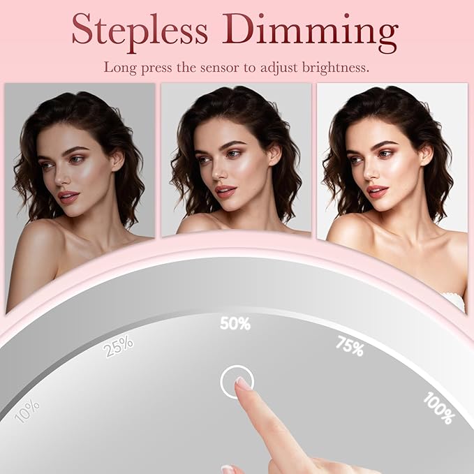 Makeup Mirror with Lights, 8" Magnetic Pink Vanity Mirror with Lights for Desk, Brightness Adjustable Lighted Makeup Mirror for Kids/Girls/Teens/Women with 3 Colors Lighting and 360° Rotation