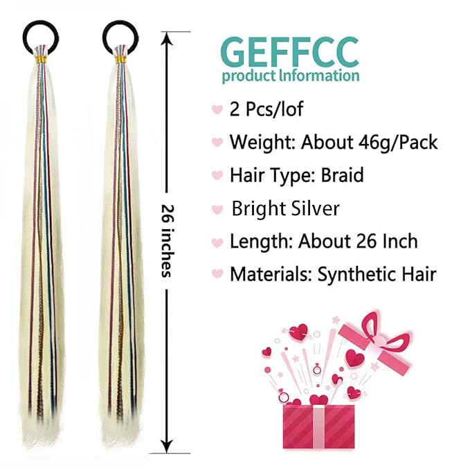 2 Pack Braid Ponytail Extensions, 26 Inch Braided Ponytail Wig with Elastic Tie for Girls (Bright Silver, 26 Inch)