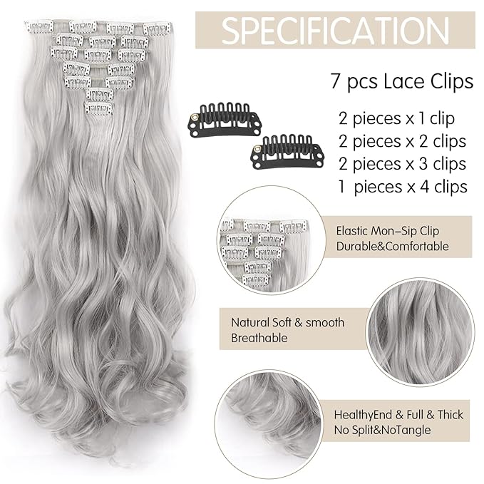 22 Inch Clip In Hair Extensions 7 PCS Long Wavy Synthetic Hair Extension & Natural Soft Invisible Clip Thick Hairpieces for Women Daily(20Inch, 7pcs, Silver Grey)
