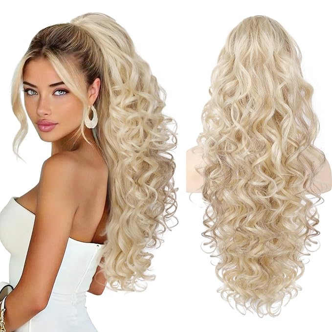 SEIKEA Ponytail Extension, 24" Fluffy Long Wavy Curly Claw Clip Hair Extensions Ponytail Multi-layered Clip in Fake Pony Tails Natural Soft Synthetic Hairpiece Ash Blonde White Blonde Highlights