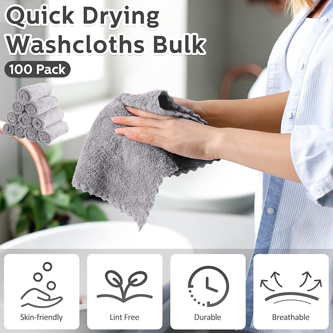 Newwiee 100 Pcs Washcloths Bulk Quick Drying Bathroom Wash Clothes 12 x 12 Inch Face Towels Microfiber Soft Hand Towel for Your Body Spa Fingertip(Grey)