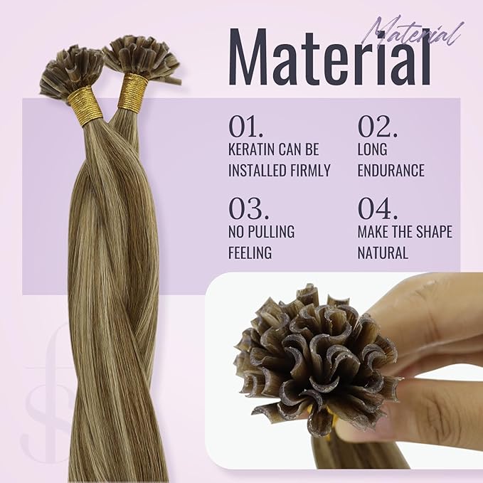 Fshine U Tip Hair Extensions Human Hair 22 Inch Brown Highlighted Honey Blonde Keratin Hot Fusion Hair Extensions Real Human Hair Nail Tip Hair Extension Sraight Human Hair 1g/Strand 50g/Pack