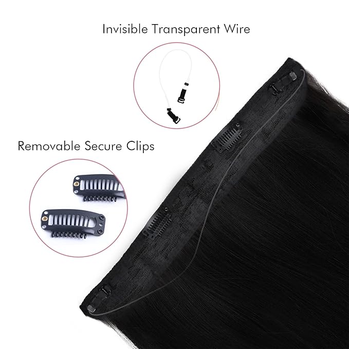 REECHO Invisible Wire Hair Extensions with Transparent Headband Adjustable Size Removable Secure Clips in Straight Secret Hairpiece for Women (16 Inch (Pack of 1), Black Brown)