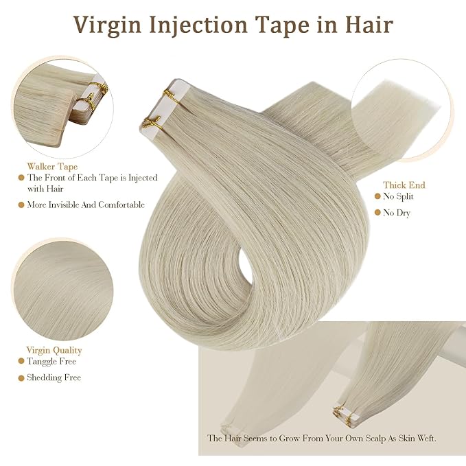 Full Shine Intact Tape in Hair Extensions 5Pcs 18 Inch Blonde Virgin Tape ins Extensions Injected Tape ins Human Hair Extensions Color 1000 Ice Blonde Seamless Skin Weft Human Hair Extension 12.5Gram