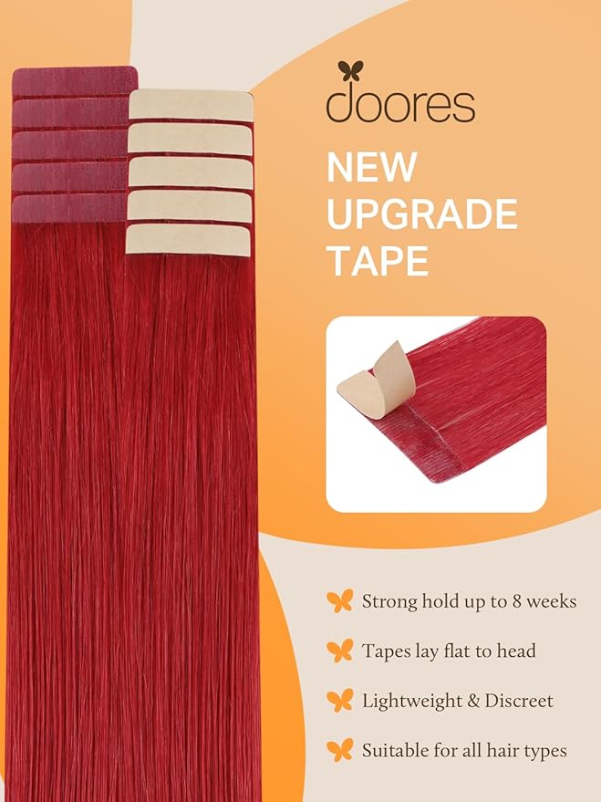DOORES Hair Extensions Tape in Human Hair, Red 16 Inch 25g 10pcs, Real Remy Hair Straight Natural Extensions