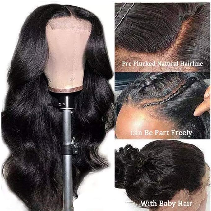 IUPin Body Wave Lace Front Wigs Human Hair Glueless HD Lace Closure Pre Plucked Bleached Knots Brazilian Virgin Human Hair Wigs for Black Women Natural Black (22 inch)