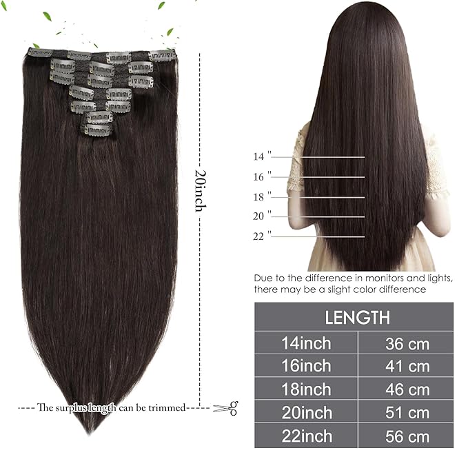 14 Inch Clip in Hair Extensions Real Human Hair 110g 7 Pieces 16 Clips Dark Brown #2 Double Weft Human Hair Clip In Extensions Silky Straight Thick Hair Extensions Clip Ins