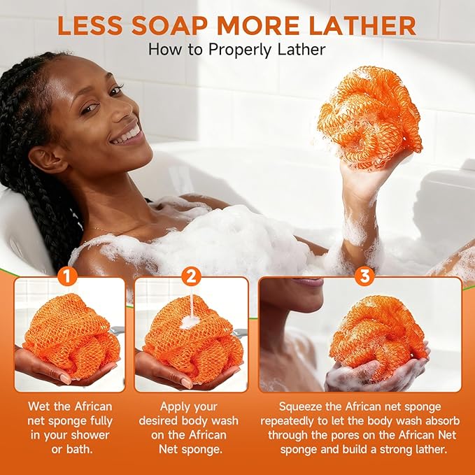 2 Pieces African Net Sponge Authentic, Durable Back Scrubber Washcloth for Shower, Exfoliating Net Sponge for All Skin, Bathing Accessories for Women (Orange and Green)