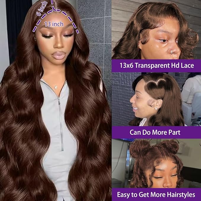 28 Inch Chocolate Brown Lace Front Wig Human Hair Human Hair 220% Density Human Hair Wigs 13x6 Hd Body Wave Lace Front Wigs for Women Brown Wig Pre Plucked Colored Frontal Wigs