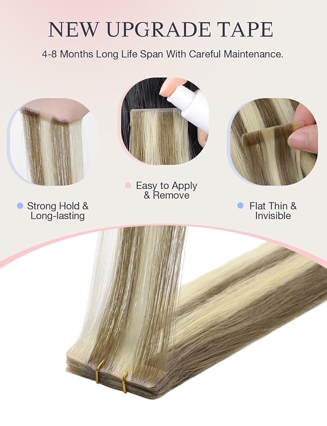 DOORES Invisi Edge Tape in Hair Extensions, Light Brown Highlighted Medium Blonde 10 Injection Tape-ins with 10 Classic Tape-ins 50g 24 Inch, Virgin Human Hair Extensions