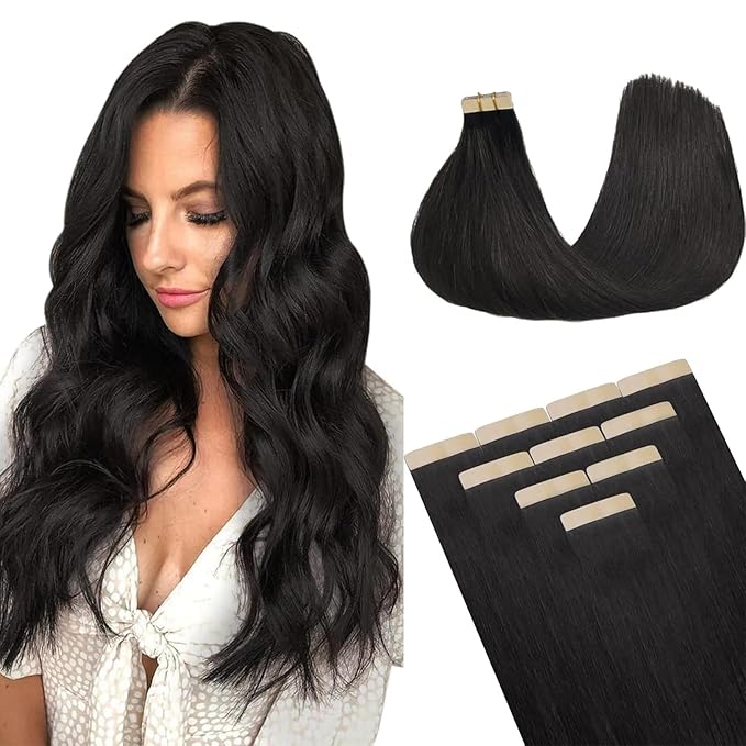 DOORES Human Hair Extensions Tape in, Remy Natural Black 22 Inch 10pcs 30g, Tape in Remy Hair Extensions Natural Hair Straight Skin Weft Seamless Straight
