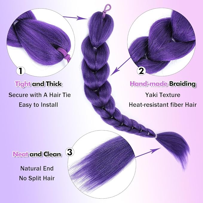 24 inch Purple Braids Ponytail Hair Pre Braiding Hair with Tie Synthetic Purple Hair Extensions for Halloween Costume Cosplay（24inch Braids Ponytail）