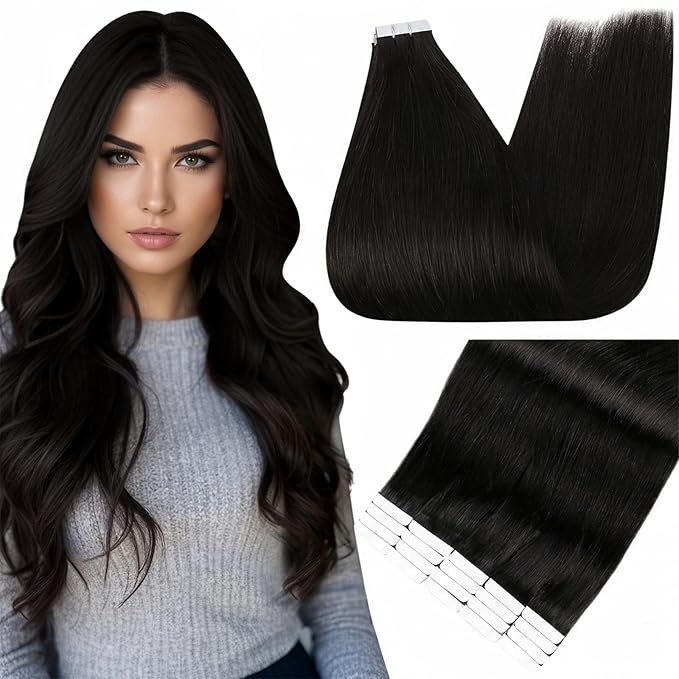 Full Shine Tape in Hair Extensions Human Hair 22 Inch Color 1B Natural Black Invisible Double Sided Remy Human Hair Tape in Extensions 100 Grams Straight Seamless Skin Weft Extensions 40PCS