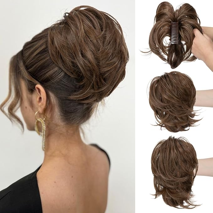 CJL HAIR Claw Clip Short Ponytail Hair Extensions DIY Bendable Metals Messy Bun Hair Piece for Wonen Straight Synthetic Fake Hairpieces Chocolate Multi