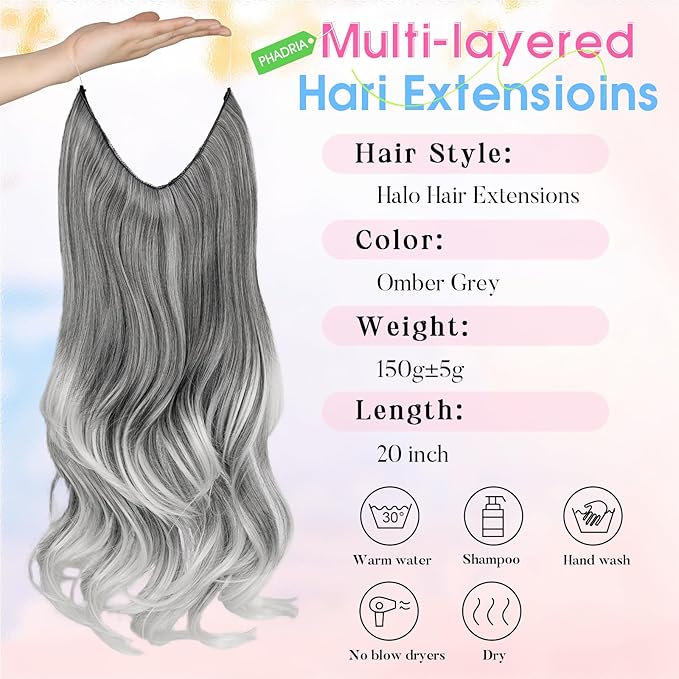 Invisible Wire Hair Extensions with Transparent Wire Adjustable Size 4 Secure Clips Long Wavy Secret Hairpiece 20 Inch for Women(OMber Grey)