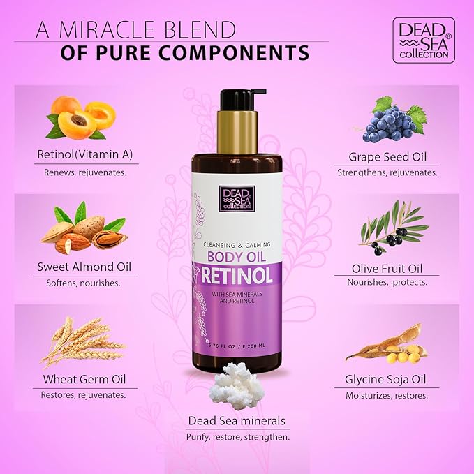 Dead Sea Collection Retinol Body Oil for Dry Skin – Moisturizing & Hydrating Skin Oil with Vitamin E & Blend of Almond, Grape, Olive, Wheat Germ Oil – Nourishing Skincare – 6.76 oz