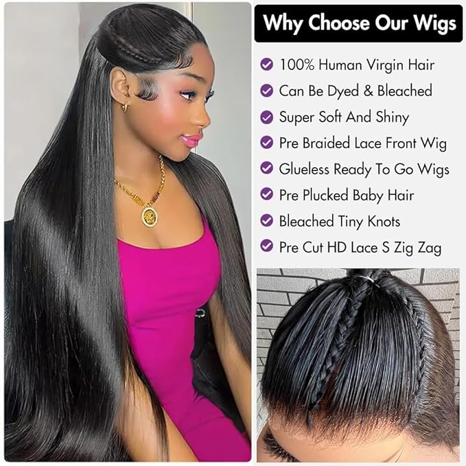 AMIRTY 250% Density Wear and Go Glueless Wigs Human Hair Pre Plucked Pre Cut Braided Wig Human Hair for Women 9X6 HD Lace Front Wig 12A Straight Lace Front Wig Human Hair With Natural Hairline 24Inch