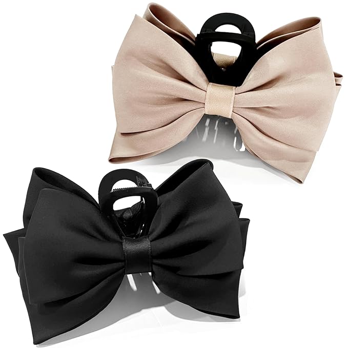 Bow Claw Clip,StrongHold Cute Bow Hair Claw Clips for Women Girls,Nonslip Silky Big Hair Bows Ribbons for Hair Claws,Large Claw Clips for Thick/Thin Hair Styling Accessories Gifts (balck,champagne)