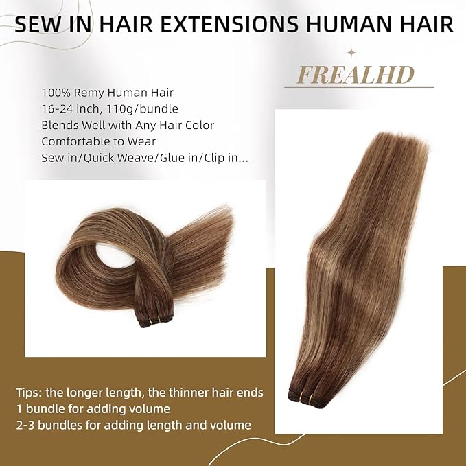 Sew in Hair Extensions Real Human Hair, 110g 22 inch Ombre Color 4/27/4 Balayage Chocolate Brown to Caramel Blonde Double Weft Weave Bundles Remy Human Hair Extensions Straight