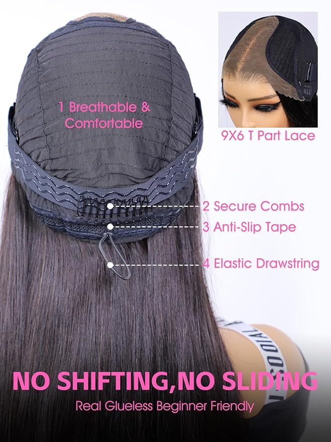 ORIGINAL QUEEN Straight Wear Go Glueless Wigs Human Hair Upgrade 9x6 T-Part Pre Cut Lace Straight Wig Pre-Plucked Flip Over Beginner Friendly Wear Go Drawstring Wig 180% Density 24 Inch