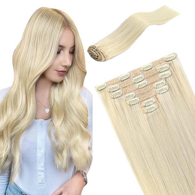 20 Inch Platinum Blonde Clip in Hair Extensions Real Human Hair Extensions Blonde Clip in Extensions for Women Remy Brazilian Hair 7Pcs Straight Hair Thick Ends