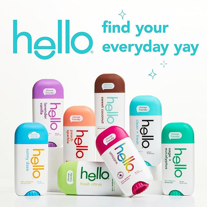 hello Deodorant Variety Pack (Sweet Coconut, Fresh Citrus, White Sage) for Women + Men, Aluminum Free, Baking Soda Free, Parabens Free, 24 Hour Odor Protection, 2.6 Ounce, 3 Pack