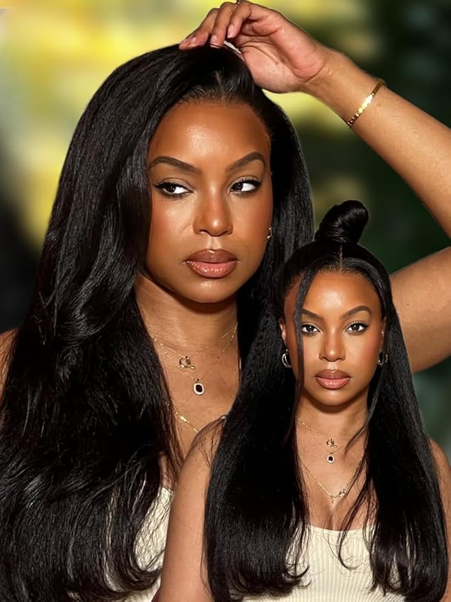 Sunber Yaki Straight Human Hair Bye Bye Knots Pre Cut 7x5 Lace Front Wigs with Drawstring Upgrade 3D Cap Put On and Go 3S Wear Glueless Yaki Wigs Pre Plucked Pre Bleached Invisible Knots 22Inch