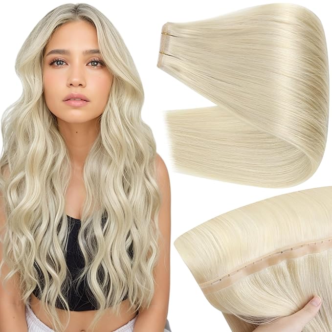 Full Shine Butterfly Weft Hair Extensions 24 Inch Pu Hole Weft Extensions Genius Weft Hair Color Platinum Blonde Hand Tied Extensions With Hole 100 Grams Soft Remy Hair Add Length