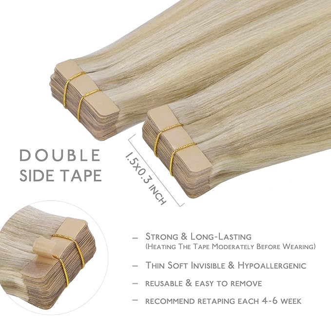 WENNALIFE Tape in Hair Extensions Human Hair, 20pcs 60g 26 inch Ombre Ash Blonde to Golden Blonde Balayage Platinum Blonde Remy Hair Extensions Straight Human Hair Tape in Extensions Skin Weft Tape