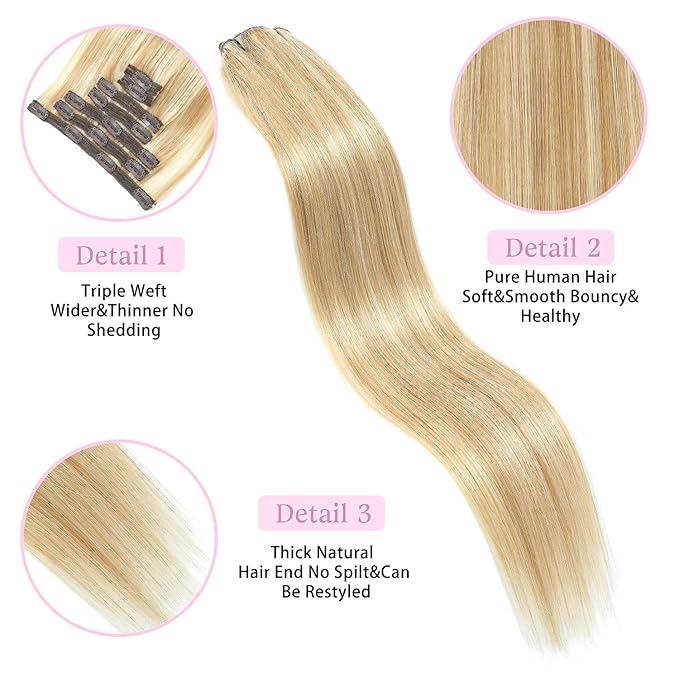 Clip in Hair Extensions Real Human Hair Dirty Blonde to Bleach Blonde 20 inch 7pcs 80g/Pack, Human Hair Clip in Extensions, Salon-Grade Quality, Easy Comfort Wear for Women (#P18/613, 20 inch)