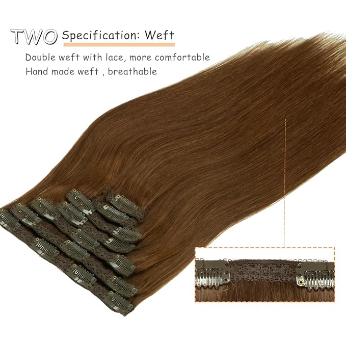 Caliee Hair Extensions Human Hair Chocolate Brown Color Silky Straight Clip in Extensions Invisible Double Weft for Women Full Head Seamless Hair Extensions 120g 16inch