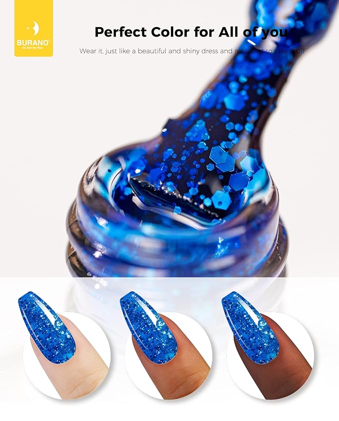 BURANO Glitter Nail Polish, LED UV Shimmer Holographic Effect Soak Off Gel, No Chip Sparkle Polish for Home DIY Nail Salon (Blue LP7)