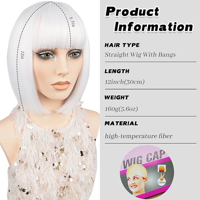 MAYSA White Bob Wig with Bangs Short Straight Bob Wigs 12in Synthetic Cosplay Daily Party Colorful Wigs for White Women # White